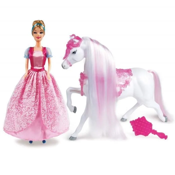 Poupée Cendrillon et son cheval - Grandi Giochi - 2552 - Cheval festonné - Crinière douce - Rose-1