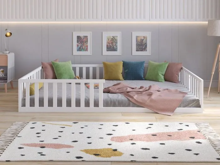 Lit au sol Montessori en bois blanc 120x200 cm, Lit Enfant pour filles et garçons-1