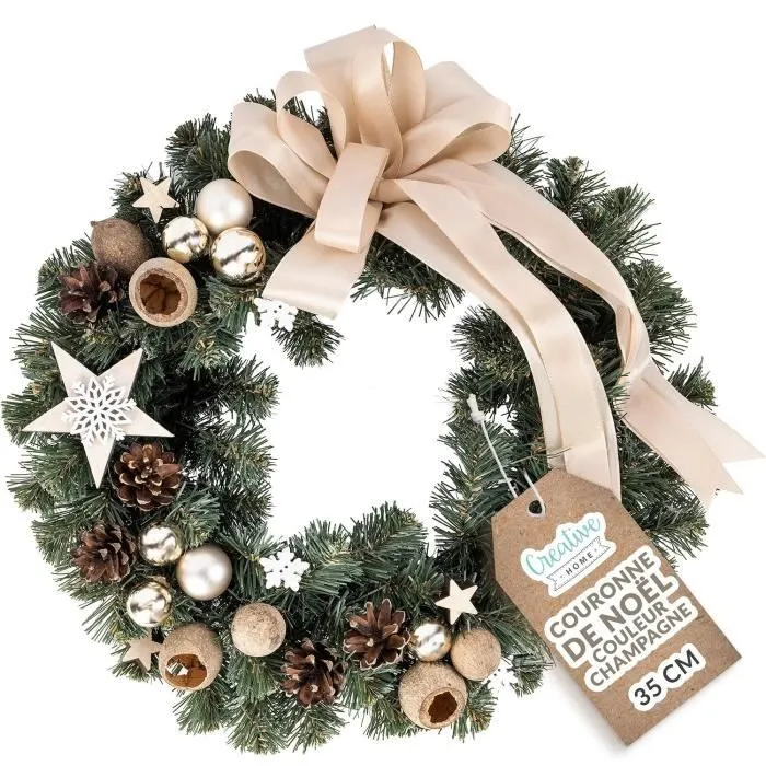 Couronne de Noël Champagne - CREATIVE HOME - Diamètre 35 cm - Couronne de Porte - Decoration Noel Exterieur-0