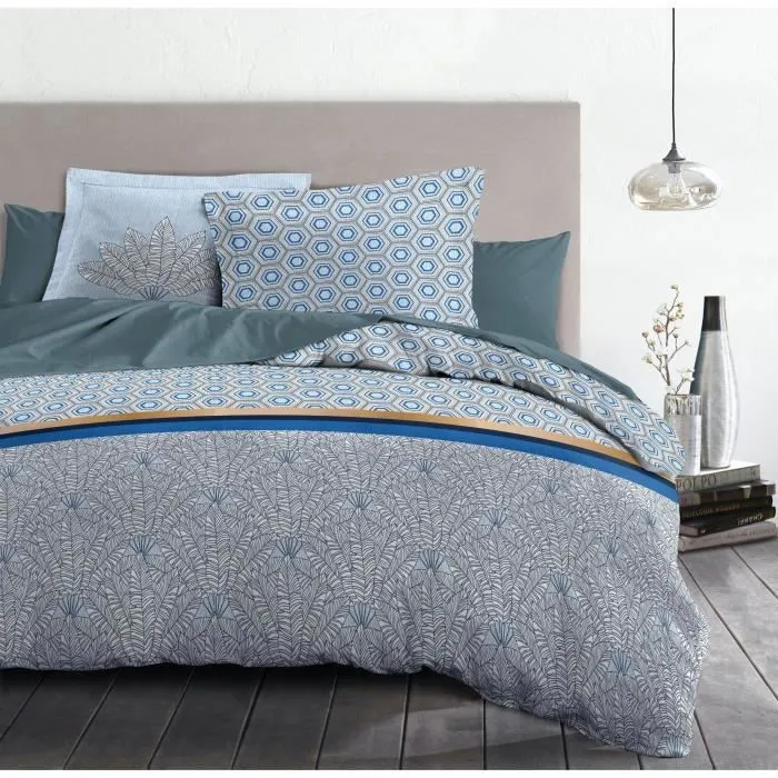 Parure de couette 220x240 cm HOME LINGE PASSION LOUXOR : Housse de couette + 2 taies d'oreiller - 100% Coton 57 Fils - Bleu-1