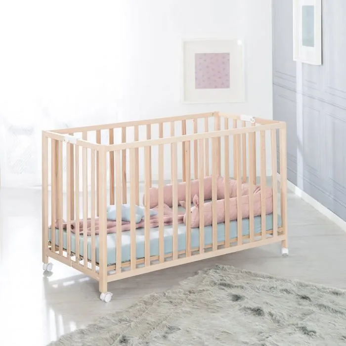 ROBA Lit Bébé Pliant 60x120 cm en Bois Massif - Fold Up - Hauteur Réglable - Roulettes à Freins - Naturel-2