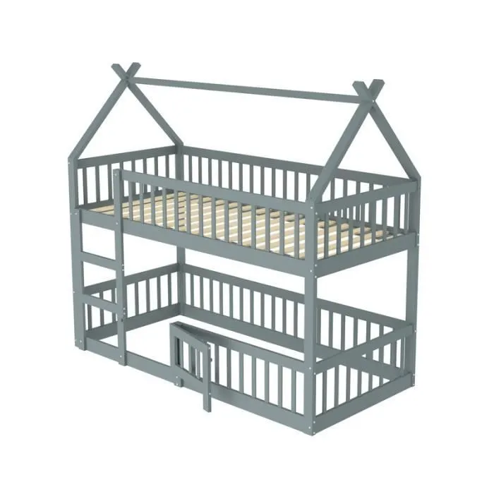 Lit superposé - Enfant - 90x200 cm - Bois massif - Design loft - Gris-2