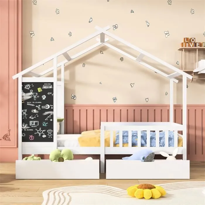 Lit cabane 90x200cm - DREAMMESPACE - Avec toit et tableau noir - 2 tiroirs - Pin massif - Blanc-1