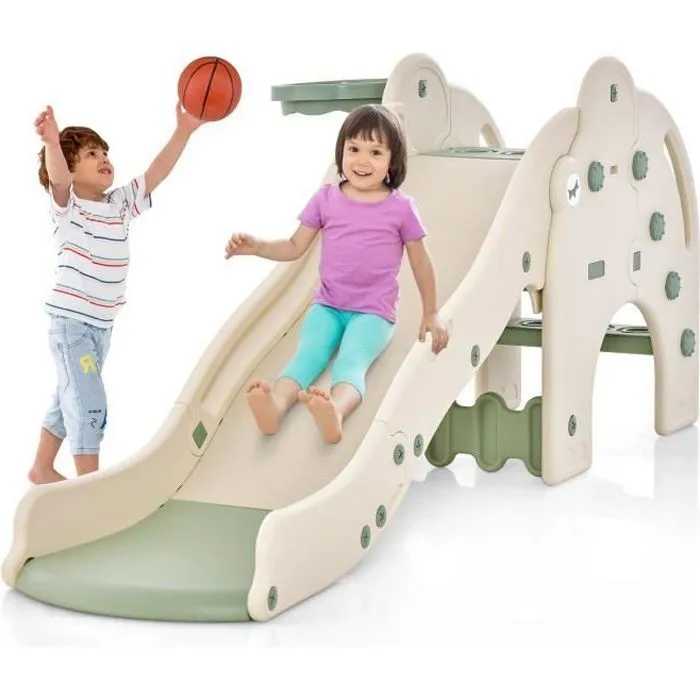 Toboggan 4 en 1 COSTWAY avec Panier de Basket, Ball, Escalade et pompe à ball - Jeu Intérieur-Extérieur Enfant dès 18 Mois Vert-0