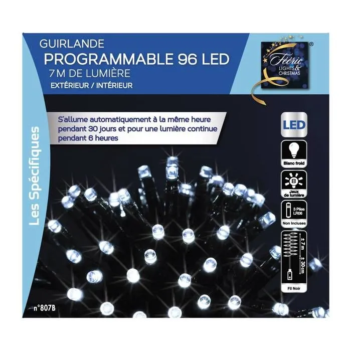 Guirlande lumineuse extérieur programmable 7m blanc froid 96 LED à piles Feeric lights & christmas-1