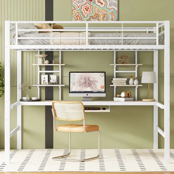 Lit mezzanine 140x200cm - avec bureau et étagères - cadre en métal - Blanc-1