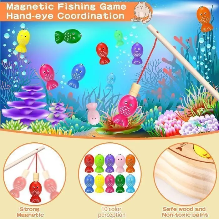 100 PACK Jouets en Bois Jeu de pêche, GENOSSEN Jeux Montessori,,Jeux Magnetique Enfant,Cadeau Garçon Fille,Jeux Enfants Cadeau-2