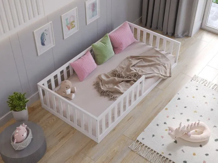 Lit au sol Montessori en bois blanc 90x200 cm, Lit Enfant pour filles et garçons-3