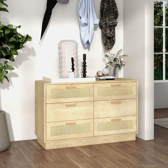 Commode design bohème en rotin - HOMCOM - 6 tiroirs - meuble de rangement - chêne-2
