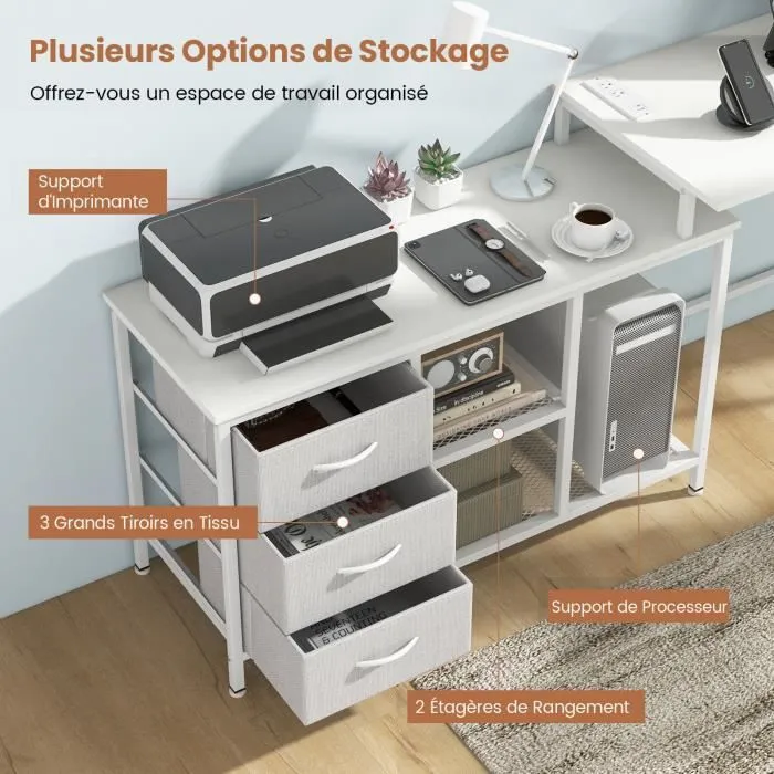 COSTWAY Bureau d'Angle Convertible avec Prise de Courant, 3 Tiroirs en Tissu et Étagères en Maille Métallique, Blanc-2