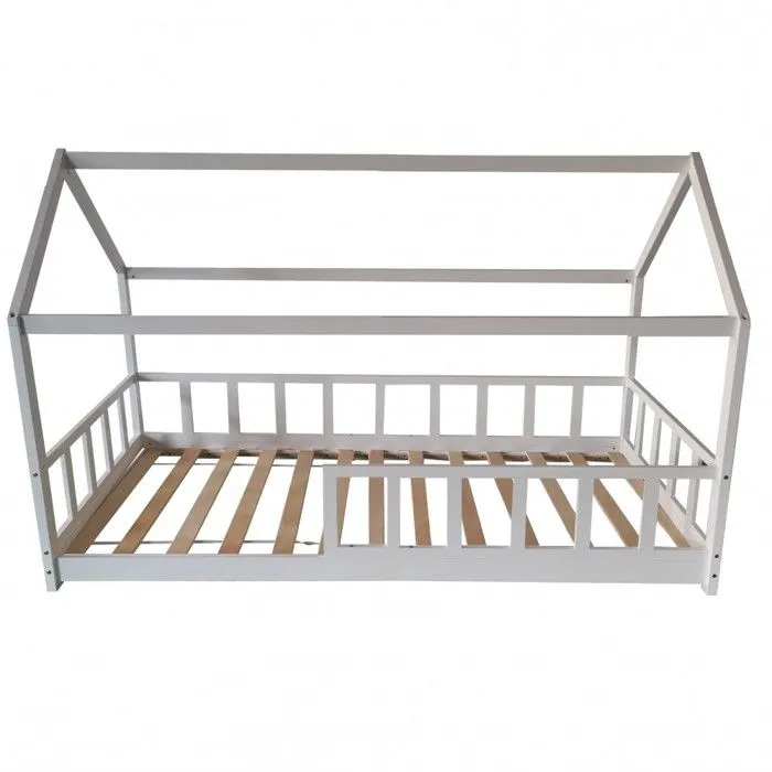 Lit cabane Kiwi 90x200 + 1 sommier + barrière /Blanc-5