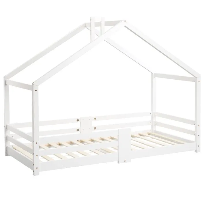 Lit cabane enfant 90 x 200cm, avec protection contre les chutes et cheminée, sommiers à lattes robustes, en bois de pin, blanc-2