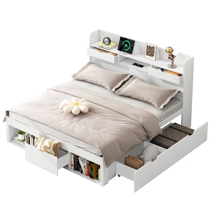 Lit multifonctionnel - Blanc - 140x190 cm - Port USB - Tiroirs - Armoire de rangement-0
