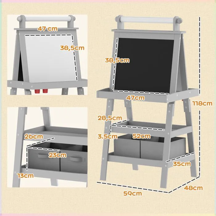 Tableau chevalet enfant AIYAPLAY 3 en 1 tableau blanc magnétique, tableau à craie rouleau papier 2 paniers intégrés - 3-6 ans gris-3