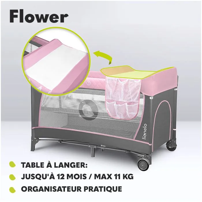 Lit parapluie compact 3en1 LIONELO Flower - Parc bébé - 0-36 mois - Sac de Transport - Pliage Rapide - Roulettes - Rose-2