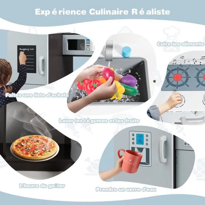 COSTWAY Cuisine Enfant en Bois avec Sons Réel Jouet Cuisinière avec Four, Micro-ondes, Réfrigérateur, etc. de 3 à 8 Ans-2