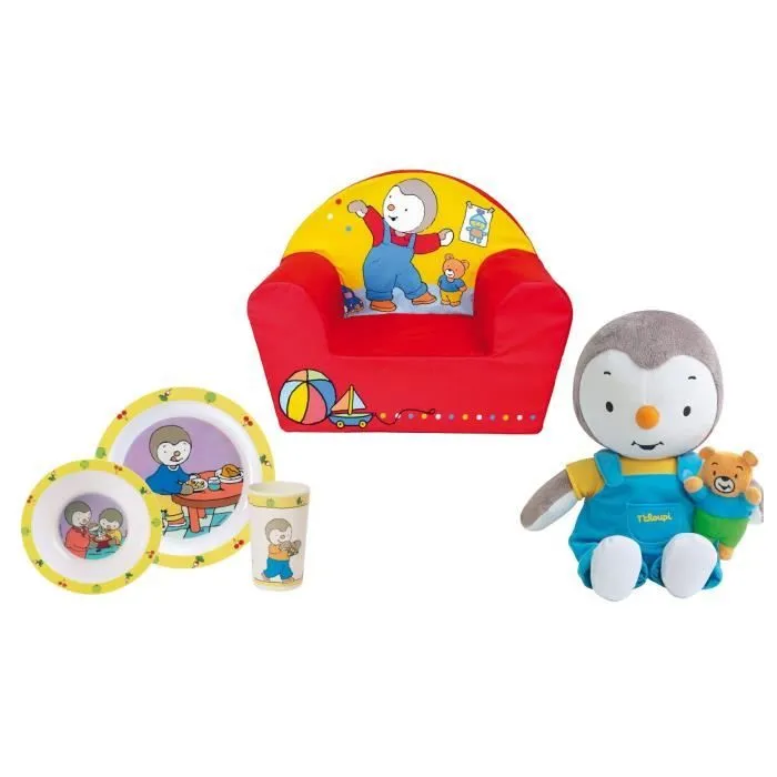 T'CHOUPI - Coffret Fauteuil club + ensemble repas (assiette, bol, verre) + Peluche avec ourson 30 cm-0