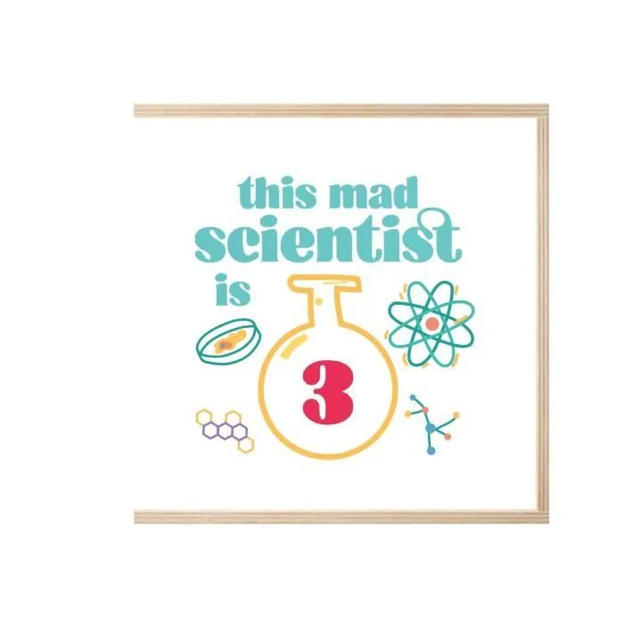 Boite Coffret en Bois - This Mad Scientist is 3 Anniversaire Celebration Cadeau Anglais Science Theme  (11 x 11 x 3,5 cm)-2