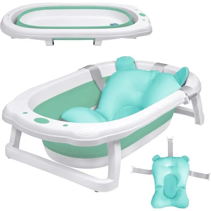 Baignoire Pliable pour Bébé avec Coussin de Bain Bassin de Douche Portable, Antidérapante, pour Nouveau-né, Bébés de 0 Mois+, Vert-1