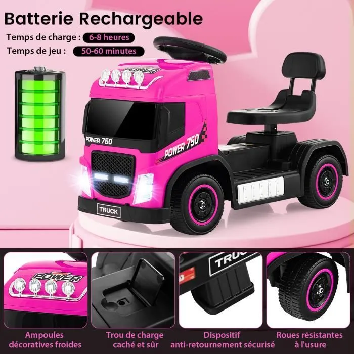 COSTWAY Voiture Électrique Enfants 6V Camion - Musique, Klaxon, LED - siège réglable en hauteur - 18 à 72 mois - 20 kg - Rose-1