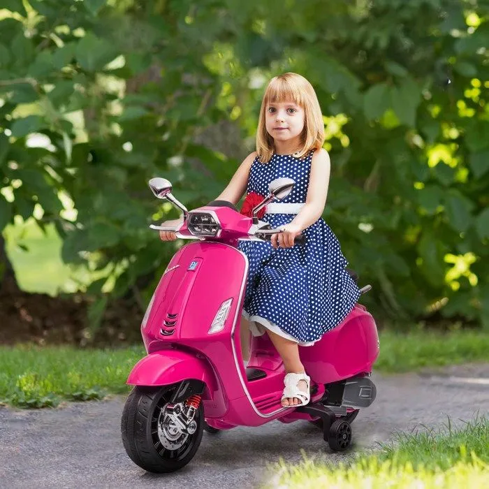 Scooter électrique enfant AIYAPLAY Vespa 6 V dim. 107L x 47l x 73H cm Musique MP3 Port USB Phare 2 roulettes, pour 3-6 ans, Rose-1