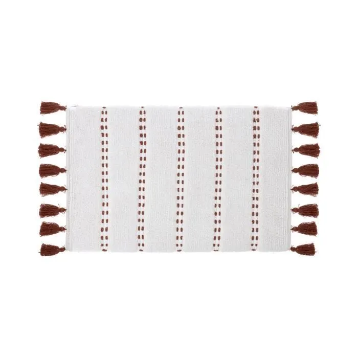 Tapis de Salle de Bain en Coton FIVE avec pompons Terracotta - Blanc - 50 x 75 cm-0