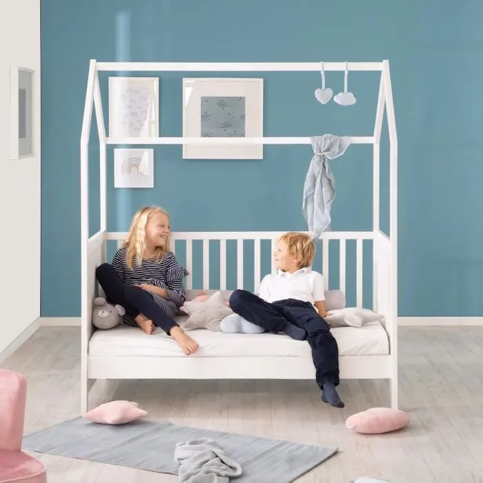ROBA Lit Cabane Bébé Évolutif 70x140 cm - Convertible en Lit Junior et en Banc - Hauteur Réglable - Bois Laqué Blanc-3