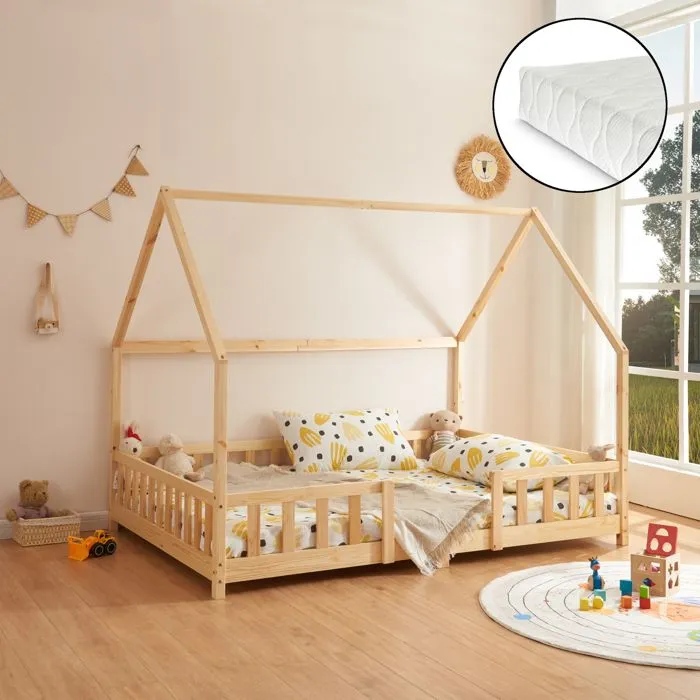 Lit d'enfant Forme Maison Sisimiut avec Matelas à Mousse à Froid 200 x 140 cm Naturel-0