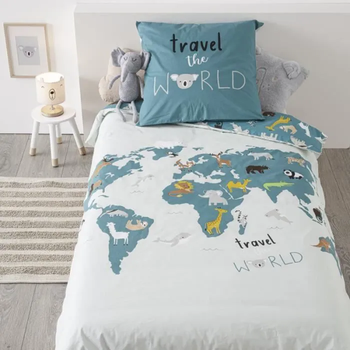 Parure de couette - Carte Monde - 140x200 cm - Réversible - 100% Coton - 57 Fils/cm²-0
