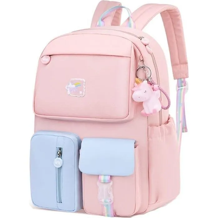 Cartable pour Filles Mignon Licorne Pendentif Sac à Dos pour Adolescentes Collège Satch Sac de voyage - rose-0