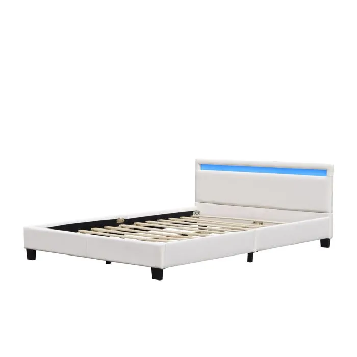 angel - Solide et Confortable Lit 140x190 avec Sommier Tte de Lit avec Eclairage LED Couleur BLANC Pieds en 10-4