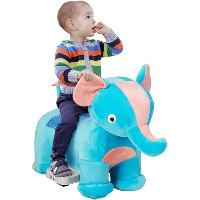 COSTWAY Voiture Electrique Enfant en Peluche Eléphant avec Musique, Pédale Latérale & Guidon Antidérapant, Charge 25KG, 3 Ans+-0