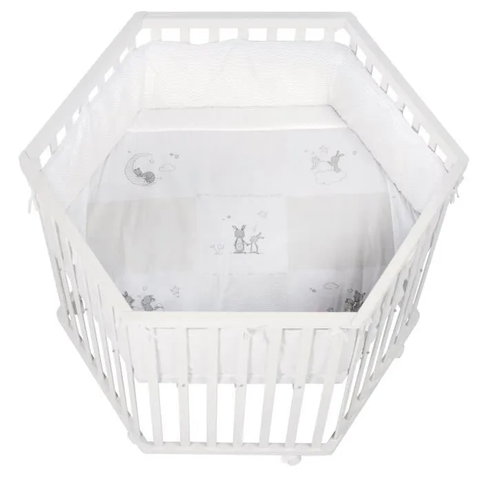 ROBA Parc Bébé Hexagonal + Tour de Parc de Protection "Fox & Bunny" et 6 Roues - Bois Blanc-0