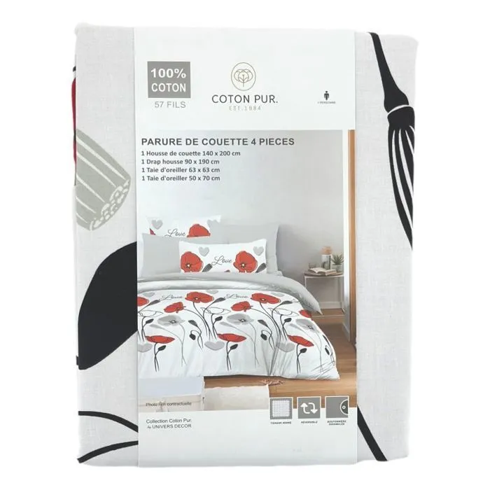 Pack complet housse de couette réversible pour lit 90 x 190 cm Coquelicot-4