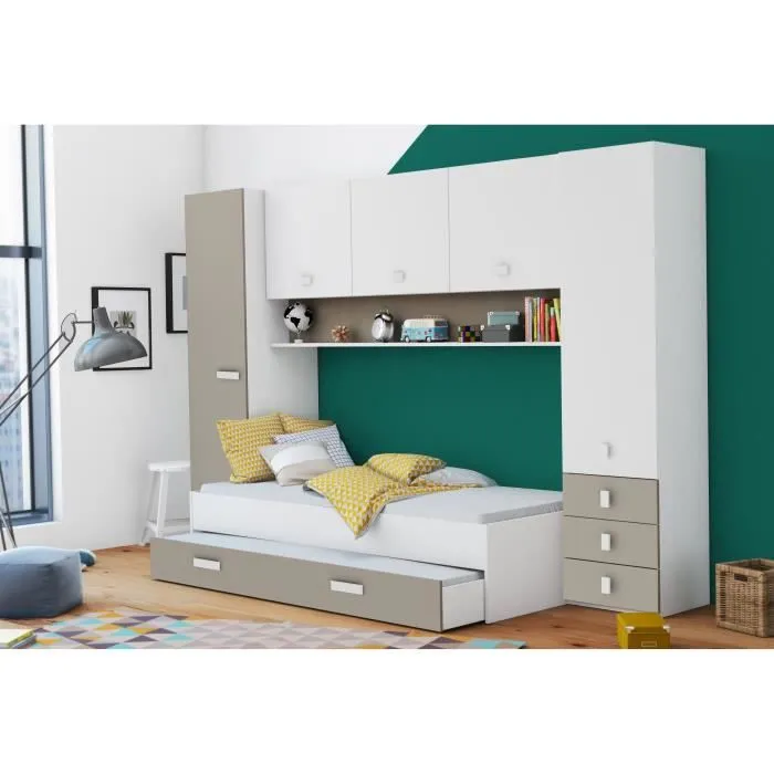 DEMEYERE Lit gigogne enfant avec multiples rangements - Décor blanc/argile - 90 x200 cm - TIDY-1