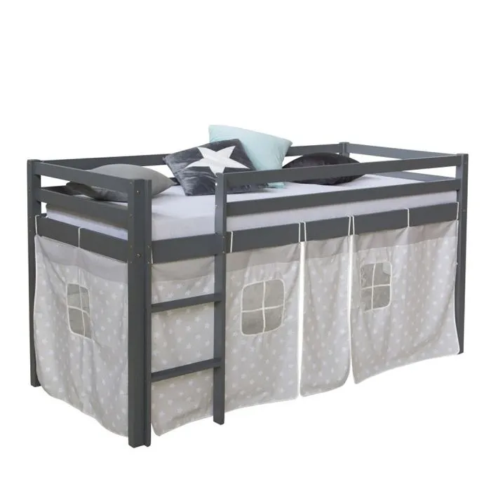 Lit mi-haut - HomeStyle4U - 90x200 cm - Gris - Échelle réversible - Rideau étoilé inclus-0