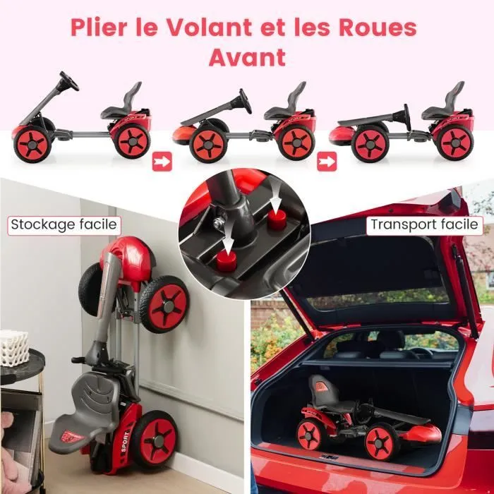 COSTWAY Kart Électrique 12V/4,5 Ah pour Enfants avec Siège & Volant Réglables, Démarrage Lent, LED, Porte-gobelet, 3-6 Ans, Rouge-2