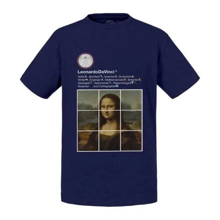 T-shirt Enfant Bleu Leonard De Vinci La Joconde Réseaux Sociaux Peinture Peintre-0