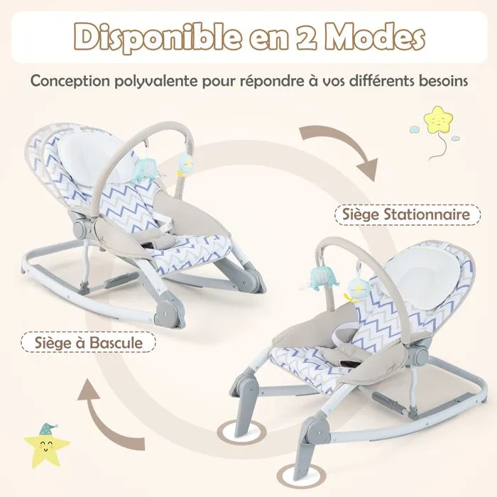 Transat Bébé 2 en 1 COSTWAY-Dossier 3 Positions-Siège Fixe/Bascule en Tissu Amovible Lavable-Arche à Jouets-0 à 6 Mois 9kg-Gris-1