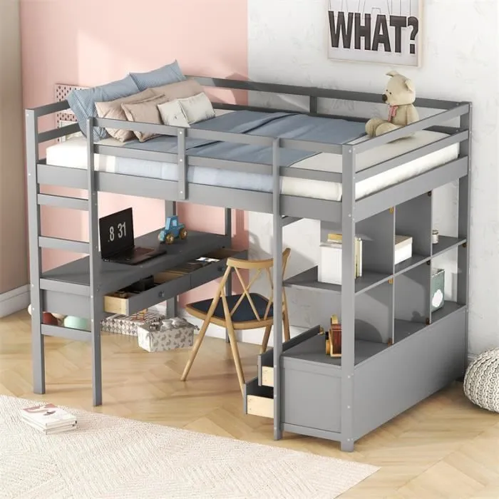 Lit mezzanine pour enfant - lit surélevé avec tiroirs de rangement, bureau et bibliothèque de rangement sous le lit - gris 140x200cm-0