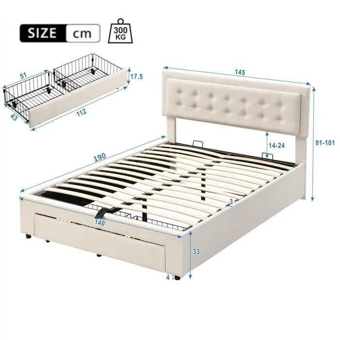 Lit coffre 140×190 cm,Lit rembourré avec sommier à lattes et tête de lit, lit double,beige-3