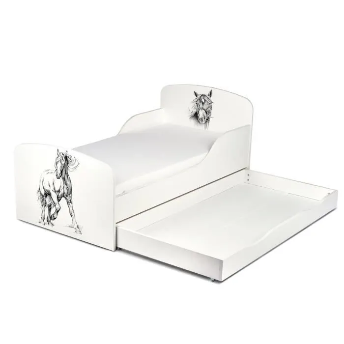 Lit d'enfant 140x70 avec matelas et un tiroir motif: Cheval-1