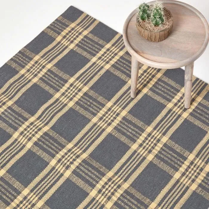 Tapis en laine à imprimé Tartan jaune et gris - Douglas - 70 x 120 cm-0