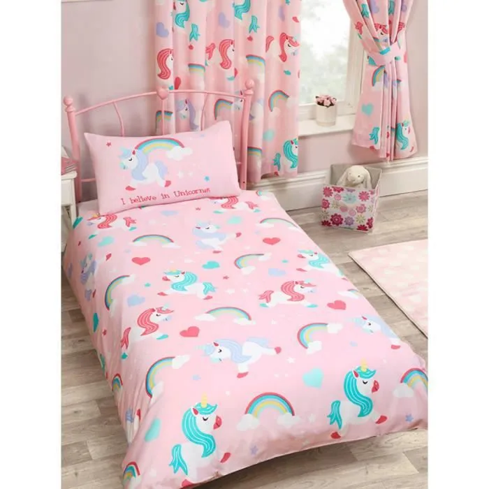 Housse de couette et taie d'oreiller - Je crois en unicornes - Rose - 135x200 cm - Lavable en machine - Enfant-0
