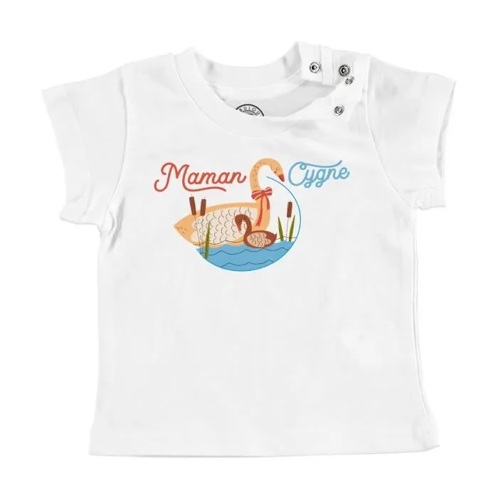 T-shirt Bébé Manche Courte Blanc Maman Cygne et son Bébé Dessin Illustration-0