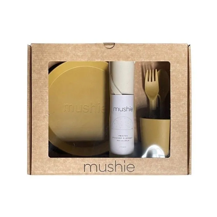 Coffret cadeau Repas Jaune Moutarde - Couverts - Assiette - Verre - Set de table - Vaisselle bébé et enfants - Mushie-1