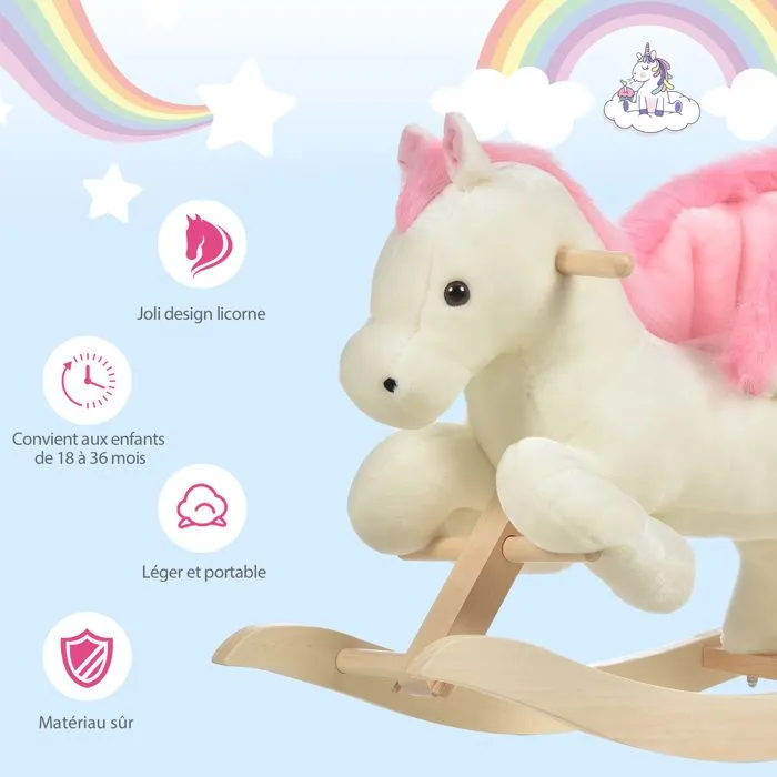 Cheval à bascule musical en bois peuplier blanc et rose pour enfant de 18 mois et plus-5