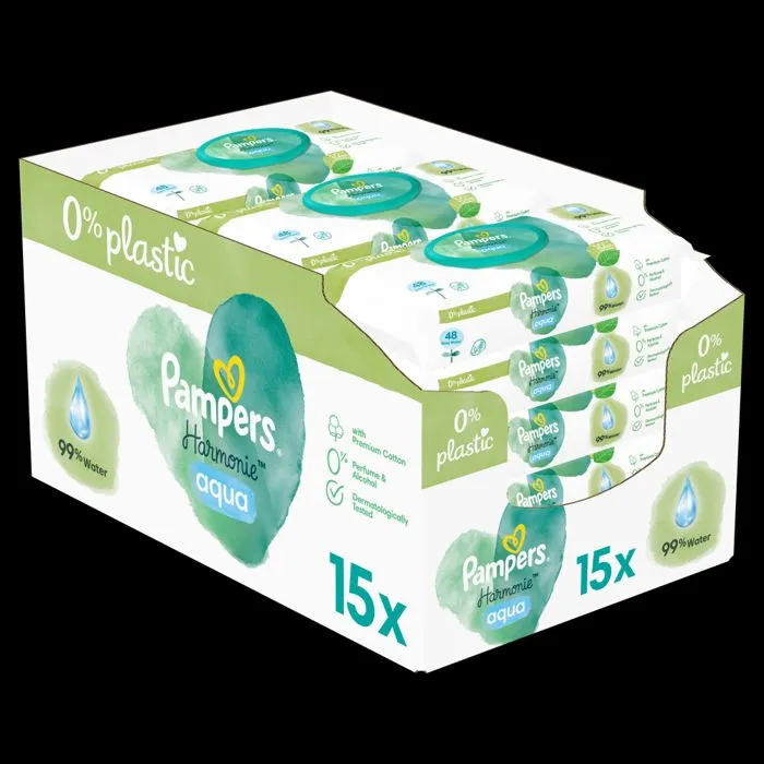 Pampers Lingettes Bébé Aqua Harmonie 720 Lingettes (Lot de 15 x 48)sans parfum ni alcool 99% d'eau et des fibres d'origine végétale-0