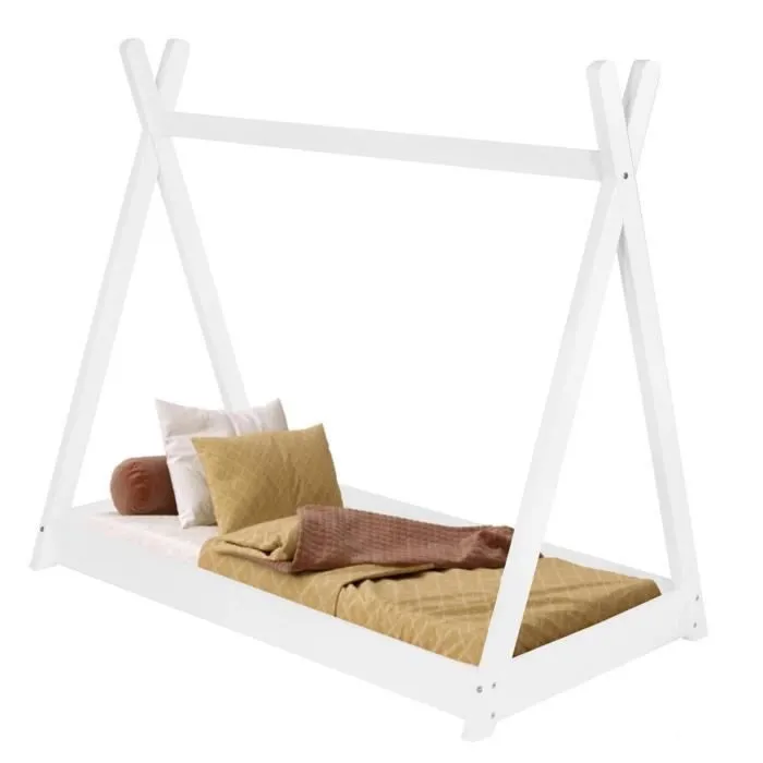 Springos® Lit tipi pour enfant avec sommier à lattes, en bois massif 70 x 140 x 130 cm-0