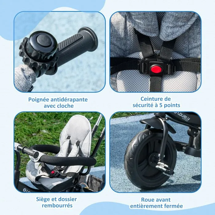 Tricycle Enfant HOMCOM évolutif Pare-Soleil Pliable Canne télescopique Amovible 95 x 50 x 106 cm Acier Gris Noir-4